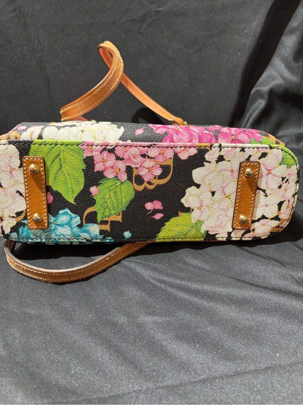 Dooney & Bourke Black Floral Tote with Pink, White, Green, Blue and Brown Trim